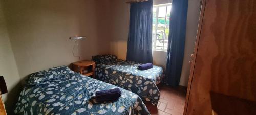a small room with two beds and a window at Aloe Inn Guest Farm in Piet Retief