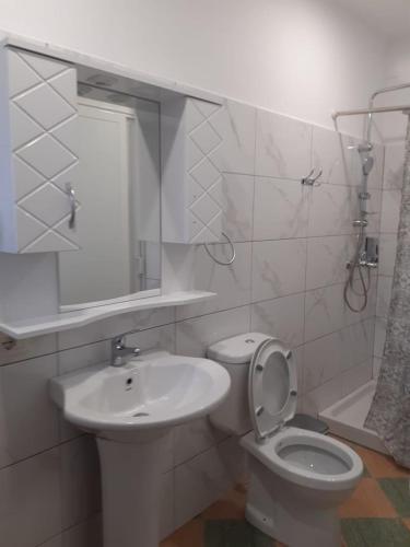 a white bathroom with a toilet and a sink at Guest House KrisHen in Përmet