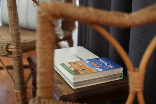 a stack of books on a table next to a chair at Dennehof Karoo Guesthouse in Prince Albert
