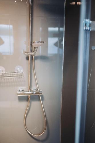 a shower in a bathroom with a chrome shower head at Appartement Stern Dagmar in Neustift im Stubaital