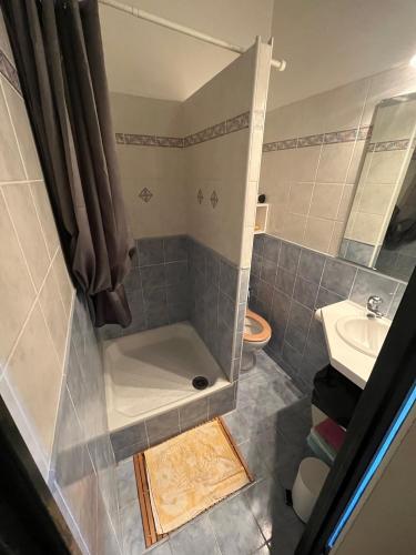 une salle de bain avec une douche, des toilettes et un lavabo dans l'établissement Maison à Coudalère, entre étang et mer !, au Barcarès