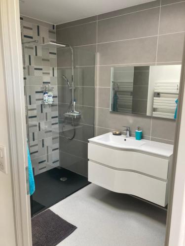 łazienka z białą umywalką i lustrem w obiekcie Adorable Studio d'hôte zen et paisible w mieście Les Gonds