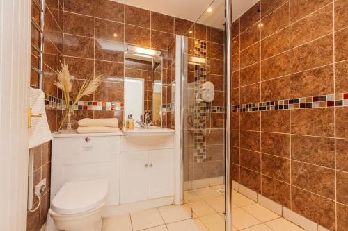 a bathroom with a toilet and a sink and a shower at The Croft @ Warrens Farm in Taunton