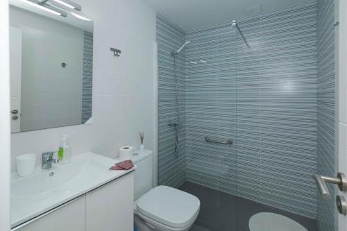 a bathroom with a shower and a toilet and a sink at Sur Restinga in La Restinga