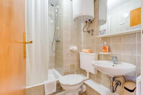 a bathroom with a toilet and a sink and a shower at Povlja Bungalows in Povlja
