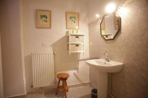 uma casa de banho com um lavatório e um espelho em Chez Caroline chambres d'hôtes em Bains