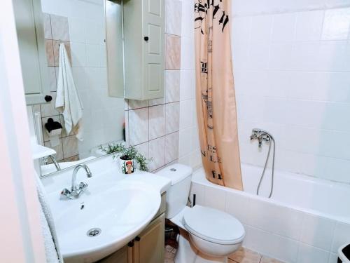 Lávdhas的住宿－Cozy cottage for 4，浴室配有盥洗盆、卫生间和浴缸。