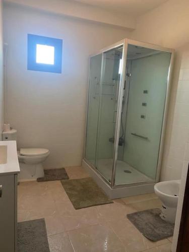 y baño con ducha de cristal y aseo. en Appartement Célia, en Algemesí