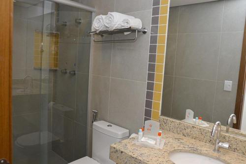 a bathroom with a shower and a toilet and a sink at Enjoy Resort em frente Thermas até 5 pessoas in Olímpia