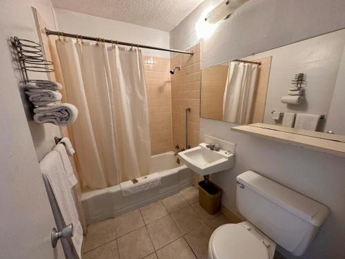 La salle de bains est pourvue de toilettes, d'un lavabo et d'une douche. dans l'établissement Ambassy Motel, à Salina