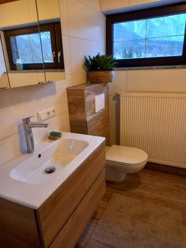 uma casa de banho com um lavatório e um WC em Seehof Royer em Obertraun