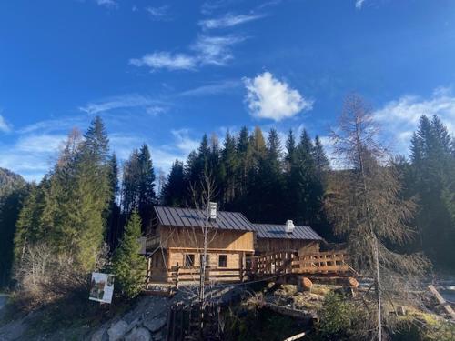 a large wooden house in the middle of a forest at Eirl DOLOMITES Retreat Sappada in Sappada