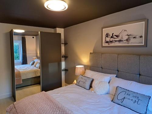 sypialnia z łóżkiem i dużym lustrem w obiekcie SeaView Apartment Suite w mieście Cobh