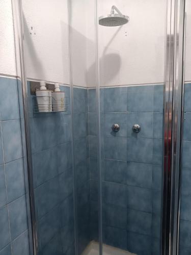 a shower with a glass door and blue tiles at Alojamento Local Largo da Igreja in Santiago do Cacém