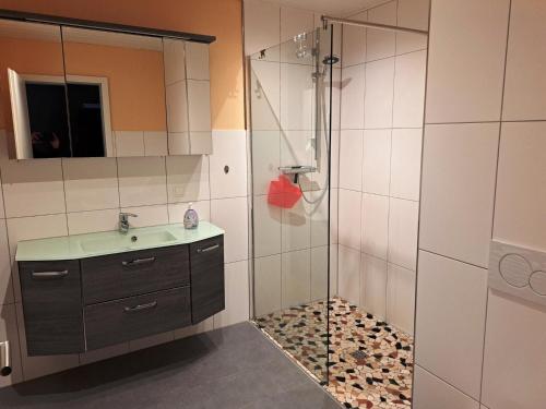y baño con ducha y lavamanos. en Apartment in Winterberg with a paid sauna, en Winterberg