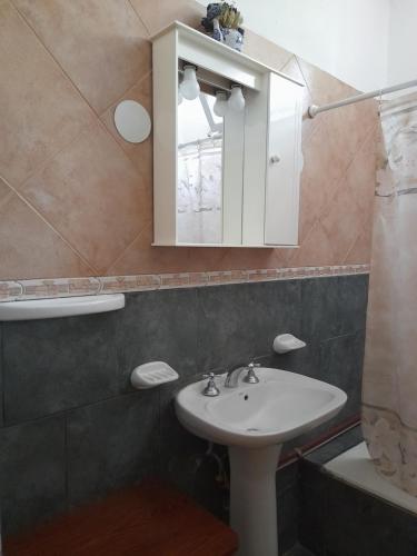 ein Bad mit einem Waschbecken, einem Spiegel und einer Dusche in der Unterkunft Casa Gloria y Vicente in Potrerillos