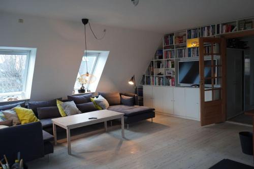 a living room with a couch and a tv at villa apartment with sea view in Copenhagen