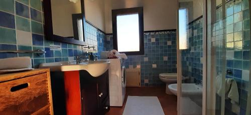 a bathroom with a sink and a toilet and a window at VILLA IBISCO in Tertenìa