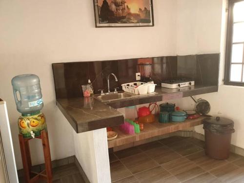 uma cozinha com um balcão e um lavatório em C911 Casa 2 niveles y alberca privada em Peñita de Jaltemba