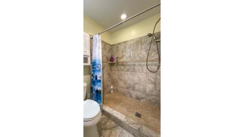 a bathroom with a shower and a toilet at ISLAND ESCAPE home in Jekyll Island