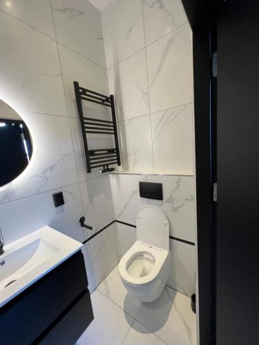 a bathroom with a white toilet and a sink at Boutique Hotel de Kade Zaandam-Amsterdam in Zaandam
