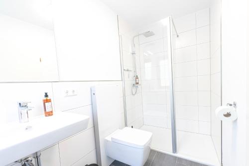 a white bathroom with a shower and a toilet at Business Apartment für 2 - Küche - Parkplatz - Netflix in Crailsheim