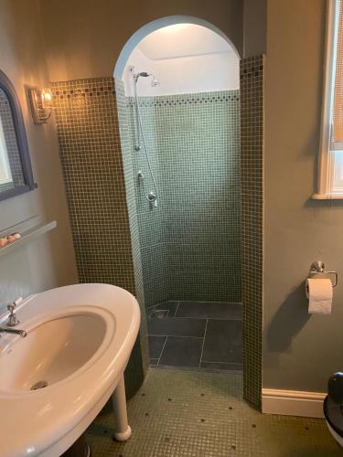 La salle de bains est pourvue d'une douche et d'un lavabo. dans l'établissement De Schuilhoek Private Guesthouse, à Blaricum