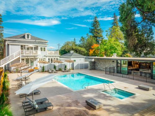 an aerial view of a house with a swimming pool at The Ruse in Healdsburg