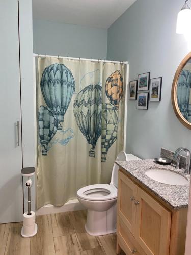 a bathroom with a toilet and a shower curtain at Hasty House Studio in Auburn