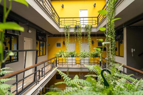 un couloir d'un immeuble de bureaux avec des plantes dans l'établissement Hotel El Meson, à La Dorada