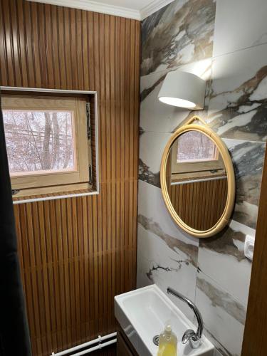 a bathroom with a sink and a mirror at Apartments Milev in Mokra Gora