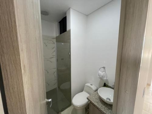 a bathroom with a shower and a toilet and a sink at DIMALU LOFT in Roldanillo