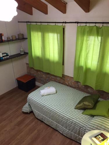 a bedroom with a bed with green curtains at Ca na Francina in Valldemossa