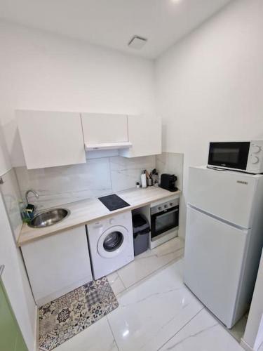 una cucina bianca con lavandino e frigorifero di T1 BIS 1 chambre a Saint-Étienne