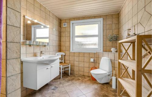 ブラーバンドにあるAwesome Home In Blvand With Sauna, Wifi And Indoor Swimming Poolのバスルーム(トイレ、洗面台、鏡付)