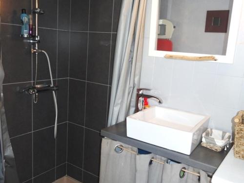 une salle de bain avec un lavabo et une douche dans l'établissement Charmante maisonnette proche plage et centre-ville, équipée pour 4 pers., parking, WiFi, La Faute-sur-Mer - FR-1-476-105, à La Faute-sur-Mer