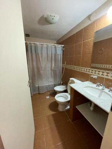 a bathroom with a toilet and a sink and mirror at Temporarios Lili in San Salvador de Jujuy