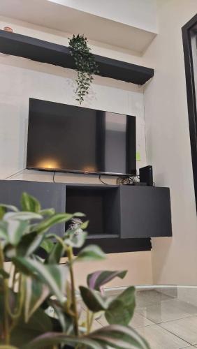 a flat screen tv on a wall with a plant at Your Crib - kasara -19 D tower 1 in Manila