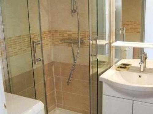 une salle de bain avec une douche, des toilettes et un lavabo dans l'établissement Charmant T2 avec terrasse et parking privé, proche plage, capacité 4 personnes - Marseillan - FR-1-326-495, à Marseillan