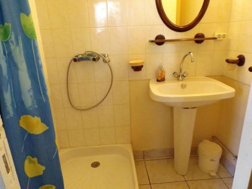 une petite salle de bain avec un lavabo et une douche dans l'établissement Villa Mitoyenne 6 Pers avec Terrasse, BBQ, Parking et WIFI à Grau d'Agde - FR-1-423-179, au Grau-dʼAgde