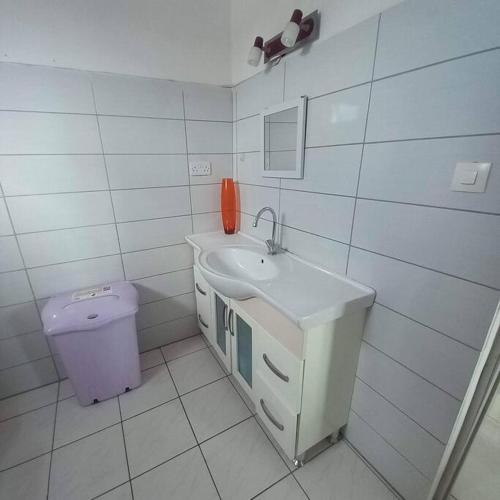 a white bathroom with a sink and a toilet at Appart de tourisme piscine climes LELAHEL Pointe aux sables in Petite Rivière