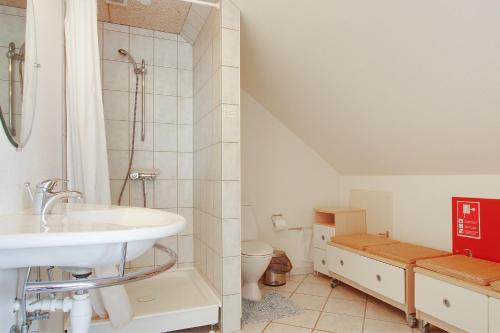 a bathroom with a sink and a toilet at Egebjerggaard Bed & Breakfast in Sig