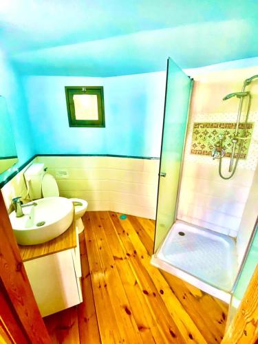 ein Badezimmer mit Dusche, Toilette und Waschbecken in der Unterkunft היורטוב במתת in Mattat