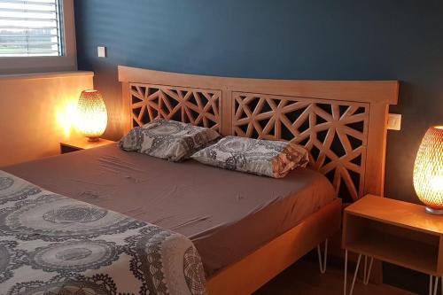 sypialnia z łóżkiem z 2 poduszkami w obiekcie Maison Passive avec piscine proche Colmar w mieście Logelheim
