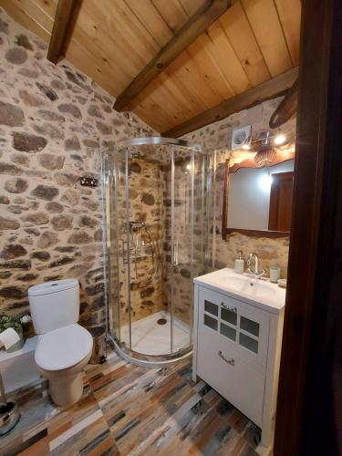 y baño con ducha, aseo y lavamanos. en A Casa dos Avós - Vilariño - A Coruña, en Vilariño