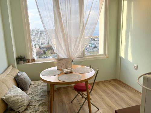 a living room with a table and a window at Airport Apartment in Sofia