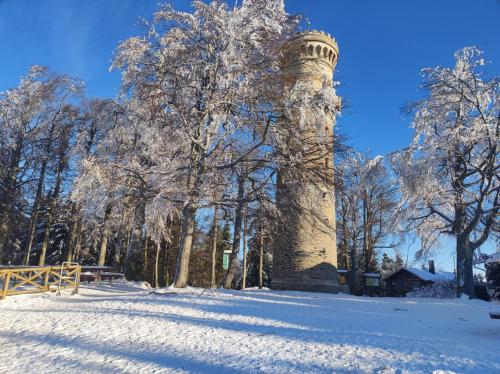 a tower covered in snow next to a field at Ferienwohnung Katrin Spindler in Ilmenau