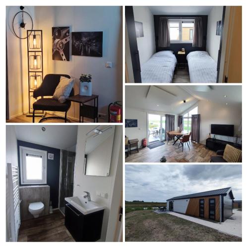a collage of photos of a bedroom and a living room at Familien und Angelurlaub Overijssel Chalet direkt am Wasser mit eigenem Bootsteg in Kampen