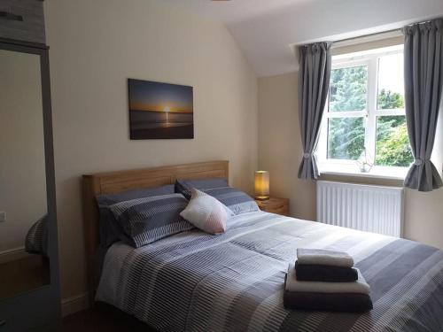een slaapkamer met een bed met 2 kussens en een raam bij No 8 in Kington
