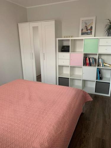 een slaapkamer met een bed en een boekenplank bij Cozy apartment in Karmelava in Karmėlava